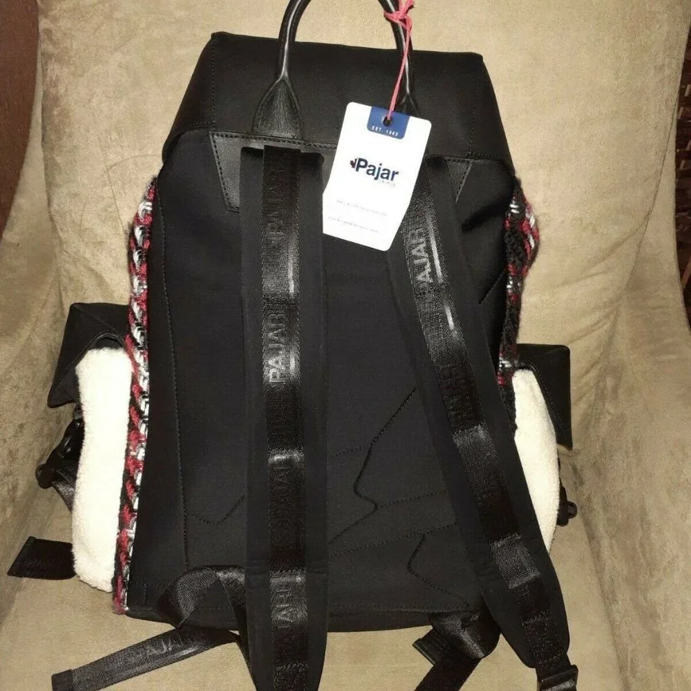 PAJAR-Logan Leather/Knit Luxury Special Force Sport Backpack-Black Plaid Mix-NWT
